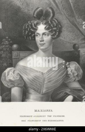Porträt von Marianne, Prinzessin der Niederlande, Porträt von Marianne. Sie sitzt auf einem Stuhl. Name und Titel am unteren Rand., Druck, Druckerei: Werner, (auf Objekt erwähnt), nach Entwurf: Franz Krüger, (auf Objekt erwähnt), Drucker: Königliches Lithographisches Institut, (auf Objekt erwähnt), Druckerei: Deutschland, (möglicherweise), Drucker: Berlin, Verlag: Berlin, 1830 - 1837, Papier, Höhe, 452 mm x Breite, 317 mm Stockfoto