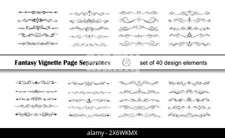 40 Fantasy-Text-Begrenzungen, Ränder, Vignetten Stock Vektor