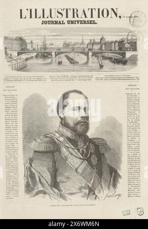 Zeitung mit einem artikel über Willem III., König der Niederlande, L'Illustration, Journal Universel (Titel über Objekt), Zeitung mit einem artikel über Willem III. In der Mitte ein Porträt von Wilhelm III. Umgibt es zwei Spalten mit französischem Text in Buchdruck. Oberes Zentrum einer Stadtlandschaft., Druckerei: Ange-Louis Janet, (auf dem Objekt erwähnt), Paris, (möglicherweise), 19. Oktober 1861, Papier, Holzgravur, Buchdruck, Höhe, 378 mm x Breite, 266 mm Stockfoto