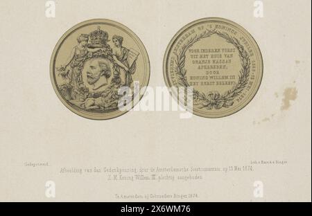 Gedenkmedaille zu Ehren des 25. Jahrestages der Regierungszeit von Willem III., König der Niederlande, am 13. Mai 1874, Gedenkmedaille zu Ehren des 25. Jahrestages der Regierungszeit von Willem III., verliehen am 13. Mai 1874. Porträt von Willem III. Mit einer Reihe allegorischer Objekte, Tiere und Figuren in einem Kreis links. Sieben Zeilen niederländischer Text in einem Kreis mit Randschrift rechts. Zwei Zeilen niederländischer Text am unteren Rand., Print, Print Maker: Anonymous, Printer: Emrik & Binger (erwähnt auf Objekt), Publisher: Gebroeders Binger (erwähnt auf Objekt), Print Stockfoto