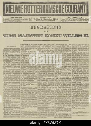 Zeitung mit einem artikel über die Beerdigung von Wilhelm III., König der Niederlande, am 4. Dezember 1890, Nieuwe Rotterdamsche Courant (Titel zum Objekt), Herausgeber: Nijgh & Zoon, (erwähnt zum Objekt), Rotterdam, 5. Dezember 1890, Papier, Buchdruck, Höhe, 604 mm x Breite, 463 mm Stockfoto