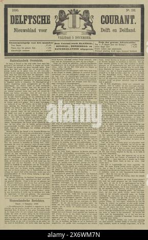 Zeitung mit einem artikel über die Beerdigung von Wilhelm III., König der Niederlande, am 4. Dezember 1890, Delftsche Courant (Titel auf Objekt), Drucker: Gebroeders Kleyn van Willigen, (erwähnt auf Objekt), Delft, 5. Dezember 1890, Papier, Buchdruck, Höhe, 464 mm x Breite, 304 mm Stockfoto