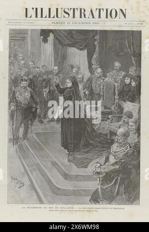 Zeitung mit einem artikel über den Tod und die Beerdigung von Wilhelm III., König der Niederlande, am 23. November und 4. Dezember 1890 und seine Nachfolge von Emma, Königin Regentin der Niederlande, L'Illustration (Titel auf Objekt), Zeitung mit einem artikel über den Tod und die Beerdigung Wilhelms III. am 23. November und 4. Dezember 1890 und seine Nachfolge durch Emma. Zwei Szenen und Säulen und Rahmen mit französischem Text in Buchdruck., Druckerei: Pierre Emile Tilly, (erwähnt auf dem Objekt), nach Malerei von: Pieter de Josselin de Jong, (erwähnt auf dem Objekt), Druckerei: Albert Bellenger, (erwähnt auf Stockfoto