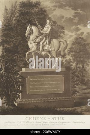 Reiterstatue von Wilhelm II., König der Niederlande, Reiterstatue von Wilhelm II. In seiner rechten Hand ein Schwert. Ein Orangenbaum links. Drei Zeilen niederländischer Text am unteren Rand., Druck, Druckerei: A. Lutz, (auf dem Objekt erwähnt), den Haag, 1815 - 1822, Papier, Ätzen, Höhe, 647 mm x Breite, 470 mm Stockfoto