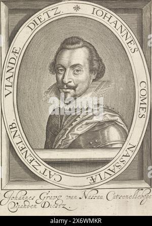 Porträt von Johannes VIII., Graf von Nassau-Siegen, Porträt von Johannes VIII. In einem Oval mit Randschrift und Balustrade. Am unteren Rand befinden sich Name und Titel., Druck, Druckerei: Anonym, Verlag: Nicolaes de Clerck, Druckerei: Low Countries, Verlag: Delft, 1625, Papier, Gravur, Ätzen, Höhe, 188 mm x Breite, 132 mm Stockfoto