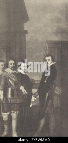 Porträt von Albrecht, Graf von Nassau-Dillenburg, Johan Ernst I., Graf von Nassau-Siegen, Adolf, Graf von Nassau-Siegen und Johann VIII. Graf von Nassau-Siegen, fotomechanischer Druck, Hersteller: Anonym, nach dem Malen von: Wybrand de Geest, Niederlande, 1850 - 1949, Papier, Höhe, 241 mm x Breite, 133 mm Stockfoto