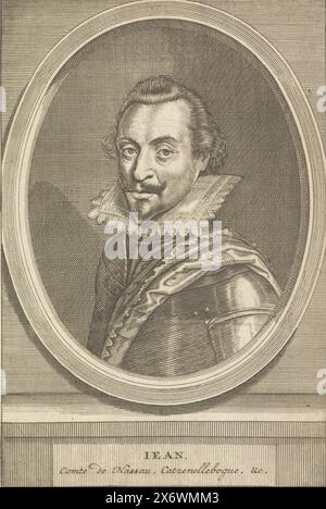 Porträt von Johannes VIII., Graf von Nassau-Siegen, Porträt von Johannes VIII. In einem Oval. In einem Feld befinden sich Name und Titel., Print, Print Maker: Anonym, Low Countries, 1600 - 1699, Papier, Gravur, Ätzen, Höhe, 188 mm x Breite, 128 mm Stockfoto