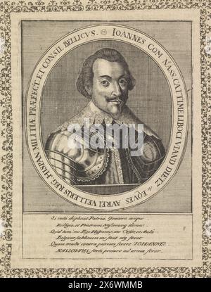 Porträt von Johannes VIII., Graf von Nassau-Siegen, Porträt von Johannes VIII. In einem Oval mit Randschrift. Sechs Zeilen lateinischer Text in einem Rahmen. Ganz in einem verzierten Rechteck., Druck, Druckerei: Anonym, niederländische Länder, 1600 - 1699, Papier, Gravieren, Ätzen, Buchdruck, Höhe, 169 mm x Breite, 129 mm Stockfoto