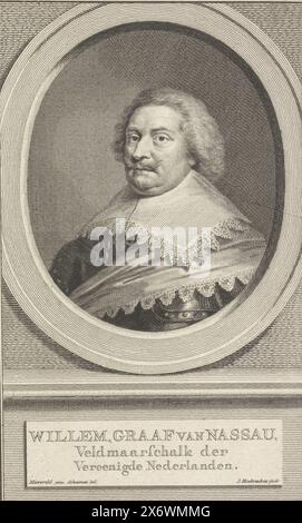 Porträt Wilhelm Graf von Nassau-Siegen, Porträt Wilhelm in einem Oval. In einer Box sind Name und Titel., Druck, Druckerei: Jacob Houbraken, (erwähnt auf Objekt), nach Zeichnung von: Aert Schouman, (erwähnt auf Objekt), nach Malerei von: Michiel Jansz van Mierevelt, (erwähnt auf Objekt), Amsterdam, 1749 - 1759, Papier, Gravur, Höhe, 182 mm x Breite, 114 mm Stockfoto