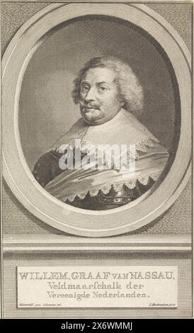 Porträt Wilhelm Graf von Nassau-Siegen, Porträt Wilhelm in einem Oval. In einer Box sind Name und Titel., Druck, Druckerei: Jacob Houbraken, (erwähnt auf Objekt), nach Zeichnung von: Aert Schouman, (erwähnt auf Objekt), nach Malerei von: Michiel Jansz van Mierevelt, (erwähnt auf Objekt), Amsterdam, 1749 - 1759, Papier, Gravur, Höhe, 182 mm x Breite, 114 mm Stockfoto