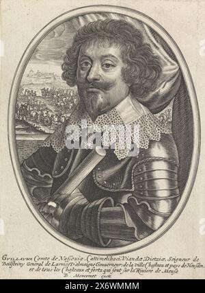 Porträt Wilhelm Graf von Nassau-Siegen, Porträt Wilhelm in einem Oval. In seiner linken Hand ein Kommandostab. Drei Zeilen lateinischer Text am unteren Rand., Druck, Druckerei: Anonym, Verlag: Balthazar Moncornet, (auf dem Objekt erwähnt), Druckerei: niedere Länder, Verlag: Frankreich, 1610 - 1668, Papier, Gravur, Ätzen, Höhe, 155 mm x Breite, 114 mm Stockfoto