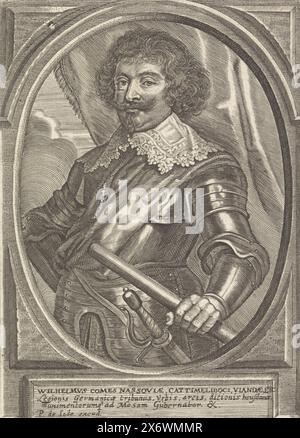 Porträt Wilhelm Graf von Nassau-Siegen, Porträt Wilhelm in einem Oval. In seiner linken Hand ein Kommandostab. Drei lateinische Textzeilen in einem Rahmen., Druck, Druckerei: Pieter de Jode (II), Verlag: Pieter de Jode (II), (auf dem Objekt erwähnt), Antwerpen, (möglicherweise), um 1628 - um 1670, Papier, Gravur, Ätzung, Höhe, 159 mm x Breite, 113 mm Stockfoto