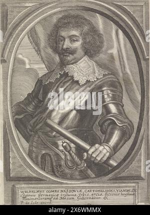 Porträt Wilhelm Graf von Nassau-Siegen, Porträt Wilhelm in einem Oval. In seiner linken Hand ein Kommandostab. Drei lateinische Textzeilen in einem Rahmen., Druck, Druckerei: Pieter de Jode (II), Verlag: Pieter de Jode (II), (auf dem Objekt erwähnt), Antwerpen, (möglicherweise), um 1628 - um 1670, Papier, Gravur, Ätzung, Höhe, 160 mm x Breite, 115 mm Stockfoto