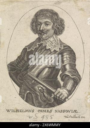 Porträt Wilhelm Graf von Nassau-Siegen, Porträt Wilhelm in einem Oval. In seiner linken Hand ein Kommandostab. Am unteren Rand befinden sich Name und Titel., Print, Print Maker: Anonym, Publisher: Maria Cnobbaert, (auf dem Objekt erwähnt), Druckerei: niedere Länder, Verlag: Antwerpen, 1637 - 1671, Papier, Gravur, Ätzen, Höhe, 95 mm x Breite, 71 mm Stockfoto
