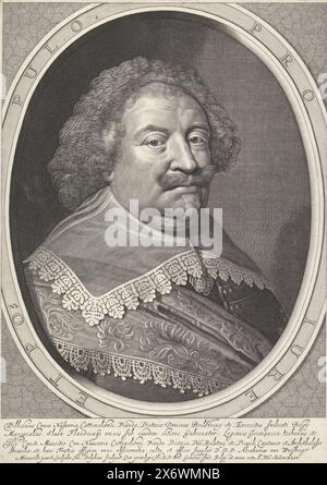 Porträt Wilhelms Graf von Nassau-Siegen, Porträt Wilhelms in einem Oval mit Randschrift. Vier Zeilen lateinischer Text am unteren Rand., Druck, Druckerei: Willem Jacobsz Delff, (auf Objekt erwähnt), nach Malerei von Michiel Jansz van Mierevelt, (auf Objekt erwähnt), Staten-Generaal, (auf Objekt erwähnt), Delft, 1644, Papier, Gravieren, Ätzen, Höhe, 425 mm x Breite, 299 mm Stockfoto