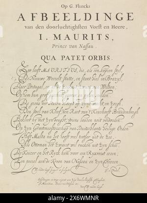 Text zum Porträt von Johan Maurits, Graf von Nassau-Siegen, Textblatt, Druckerei: Willem van der Laegh, (erwähnt auf Objekt), Joost van den Vondel, (erwähnt auf Objekt), Johan Maurits graaf van Nassau-Siegen, (erwähnt auf Objekt), Amsterdam, 1624 - 1694, Papier, Gravur, Höhe, 328 mm x Breite, 256 mm Stockfoto