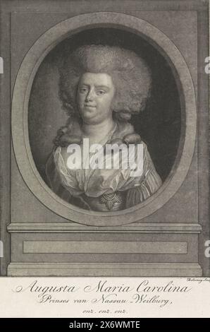 Porträt von Augusta Maria Carolina von Nassau-Weilburg, Porträt von Augusta Maria Carolina in einem Oval. Ihr Name und ihre Titel am unteren Rand., Druck, Druckerei: Benjamin Samuel Bolomey, (auf dem Objekt erwähnt), den Haag, 1780 - 1819, Papier, Ätzen, Höhe, 237 mm x Breite, 199 mm Stockfoto