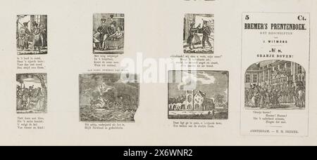 Orangefarbenes Oberteil! (Titel auf Objekt), Bremers Bilderbuch, mit Bildunterschriften, von J. Witmond (Serientitel auf Objekt), Blatt mit 14 Darstellungen der Aktivitäten von Soldaten, die für die Heimat kämpfen, wie Wachhaltung, Pflege der Kranken und Vertreibung von Deserteuren. Unter jeder Darstellung eine zwei- oder vierzeilige Verse. Unten rechts ein Block mit Titeln und Verlagsadresse und einer Darstellung einer Menge, die eine Gruppe Soldaten auf einem Balkon anfeuert. Nummeriert unter Titel: Nr. 8., Druck, Druckerei: Alexander Cranendoncq, (auf Objekt erwähnt), Herausgeber: H. M. Bremer, (auf Objekt erwähnt), J. Stockfoto