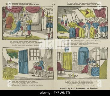 In diesen Darbietungen erfährst du, o lieber Junge, wie Gott den Mann bewahrt, der der Tugend treu bleibt. CES quatre tableux vous apprendrons tendre jeunesse Comment Dieu protège l'homme, quand il a de la sagesse (Titel über Objekt), Blatt mit 4 Darstellungen von Menschen, die Gutes tun, einschließlich Kenau Simons Tochter Hasselaer, die Haarlem in Zeiten großer Gefahr beschützte. Unter jedem Auftritt ist eine zweizeilige Strophe in Niederländisch und Französisch zu sehen. Nummeriert oben Mitte: N. 69., Print, Verlag: P.J. Delhuvenne, (auf dem Objekt erwähnt), Druckerei: Anonym, Turnhout, 1842 - 1856, Papier, Buchdruck Stockfoto