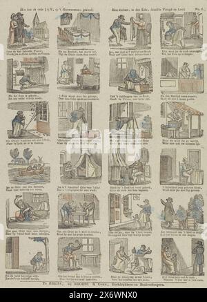 Obwohl hier der alte Jan ist, gekleidet in einem neuen Stil, der auf ihn wartet, im wirklichen Leben die gleiche Freude und Trauer (Titel auf Objekt), Blatt mit 24 Bildern aus dem Leben von Jan de Wasser, einem Mann, der seine Frau Griet liebte, wer die Hose trägt, muss die Hausarbeit erledigen. Eine zweizeilige Verse unter jeder Darstellung. Nummeriert oben rechts: No. 1., Print, Verlag: Broese & Compl., (auf dem Objekt erwähnt), Druckerei: Anonym, Breda, 1828 - 1853, Papier, Buchdruck, Höhe, 403 mm x Breite, 337 mm Stockfoto