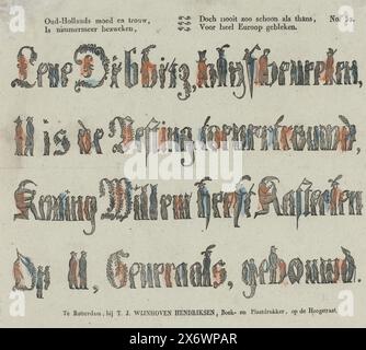 Der alte niederländische Mut und die Loyalität sind nie erlegen, aber nie so schön wie heute, für ganz Europa' (Titel auf Objekt), vier Zeilen mit menschlichen Figuren, die Buchstaben darstellen, mit denen ein Gedicht zu Ehren des Generals Dibbitz gebildet wurde. Rechts oben nummeriert: Nr. 52., Druck, Verlag: Theodorus Johannes Wijnhoven-Hendriksen, (auf dem Objekt erwähnt), Druckerei: Anonym, Rotterdam, 1832 - 1850, Papier, Buchdruck, Höhe, 334 mm x Breite, 403 mm Stockfoto