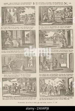 Kinder, Folge dem Rat deiner Eltern, gehorsam, fliehe dem Anfang des Bösen, lerne immer mit Eifer, dann wird dir der Vater gerne eine Stunde Spiel geben, dann wird die Pflege der Mutter überhaupt nicht sauer sein (Titel auf Objekt), Blatt mit 8 Darstellungen der Aktivitäten der Kinder, einschließlich Trommeln, Schulgehen und Fangen von Seifenblasen. Unter jedem Bild eine zweizeilige Strophe. Nummeriert oben rechts: Nr. 10., Print, Verlag: weduwe C. Kok-van Kolm, (auf dem Objekt erwähnt), Druckerei: Anonym, Verlag: Amsterdam, Druckerei: Niederlande, 1842 - 1866, Papier, Buchdruck, Höhe, 394 mm Stockfoto