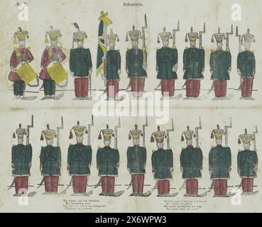 Infanterie (Titel auf Objekt), Blatt mit 2 horizontalen Darstellungen von Reihen mit je neun Soldaten. Unter dem Bild eine achtzeilige Verse in zwei Spalten. Nummeriert oben rechts: Nr. 7., Print, Verlag: Lutkie & Cranenburg, (auf dem Objekt erwähnt), Druckerei: Anonym, Verlag: Den Bosch, Druckerei: Niederlande, 1848 - 1881, Papier, Buchdruck, Höhe, 318 mm x Breite, 390 mm Stockfoto