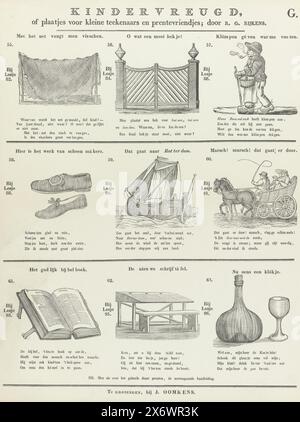 Kinderfreude, oder Bilder für kleine Karikaturisten und Bildfreunde; von R. G. Rijkens (Serientitel über Objekt), Fish are gefangen mit einem Netz (...), Blatt mit 9 Illustrationen (nummeriert 55-63) zum Lesen von Büchern von R.G. Rijks. Jedes Bild gehört zu einer Lektion aus den Broschüren „natürliche Lesemethode“. Ausgestellt sind ein Fischernetz, ein Zaun, Schuhe und ein Schreibtisch. Über jedem Bild eine Zahl und einen Titel und unter jedem Bild eine vierzeilige Strophe. Links neben jedem Bild wird angegeben, zu welcher Lektion das Bild gehört. Oben rechts markiert: G., Print, Herausgeber: Jan Oomkens, (erwähnt auf Objekt Stockfoto