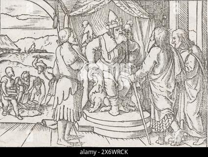 Moses und Aaron diskutieren mit Pharao über Israel, Moses und Aaron bitten Pharao, die Israeliten freizulassen. Im Hintergrund links sind die Israeliten hart in der Arbeit und werden wie Sklaven behandelt. Am Rand über dem Bild befindet sich der Text Exodi V Stockfoto