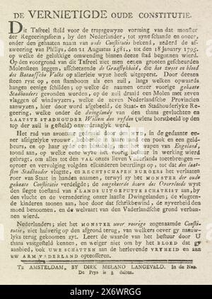 Die Zerstörung der Alten Verfassung, Dekoration auf dem Botermarkt, 1795 (Erklärung), die zerstörte Alte Verfassung (Titel auf Objekt), Textblatt mit Erläuterung der Darstellung der Zerstörung der Alten Verfassung, allegorische Dekoration auf dem Botermarkt in Amsterdam. Wahrscheinlich gehört es zu einer separaten Ausgabe der losen Platten der Dekorationen, die in der Stadt während der Feier der Installation der Repräsentanten und der Allianz zwischen Frankreich und der Batavischen Republik errichtet wurden, 19. Juni 1795., Textblatt, Druckerei: Dirk Meland Langeveld, ( Stockfoto