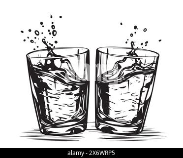 Gläser zusammen mit Whiskey anschlagen. Handgezeichneter Stil. Design alkoholischer Getränke. Vektorabbildung Stock Vektor