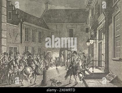 LP vom Spiegel zum Gevangenpoort, 1795, der ehemalige Großpensionär Herr LP van de Spiegel wurde in der Nacht des 14. Weinmonats 1795 in das Gevangenpoort in der Hage gebracht (Titel auf Objekt). der ehemalige Großpensionär Laurens Pieter van de Spiegel wird am Abend des 14. Oktober 1795 in den Haag in den Gevangenpoort versetzt. Spiegel tritt aus der Kutsche, im Vordergrund links eine Eskorte von Soldaten zu Pferd., Druck, Druckerei: Reinier Vinkeles (I), (auf Objekt erwähnt), Druckerei: Daniël Vrijdag, (auf Objekt erwähnt), nach Zeichnung von: Jan Stockfoto