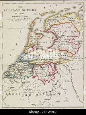 Karte der Batavischen Republik, 1798, Batavische Republik 1798 (Titel auf Objekt), Karte der Batavischen Republik, wie sie 1798 in 8 Abteilungen aufgeteilt wurde., Druck, Druckerei: Daniël Veelwaard (I), (erwähnt auf Objekt), Druckerei: Daniël Veelwaard (II), (erwähnt auf Objekt), nach Zeichnung von: Pieter Harmen Witkamp, (auf dem Objekt erwähnt), Druckerei: Niederlande, Druckerei: Niederlande, Verlag: Amsterdam, 1850 - 1868, Papier, Ätzen, Gravieren, Höhe, 202 mm x Breite, 165 mm Stockfoto