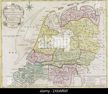 Karte der Batavischen Republik, 1798, neue Karte der Batavischen Republik unterteilt in Abteilungen und Ringe, gemäß der Verfassung für das Batavische Volk (Titel auf Objekt), neue Karte der Batavischen Republik unterteilt in 8 Departements und innerhalb davon in Ringe, 1798., Druck, Druckerei: Cornelis van Baarsel, (zum Gegenstand erwähnt), Herausgeber: Johannes Allart, (zum Gegenstand erwähnt), Druckerei: Niederlande, Verlag: Amsterdam, 1798, Papier, Ätzen, Gravur, Höhe, 267 mm x Breite, 330 mm Stockfoto