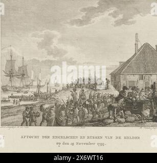 Rückzug der Briten und Russen aus den Helder, 1799, Rückzug der Engländer und Russen aus de Helder am 29. November 1799 (Titel zum Objekt), die Soldaten der britisch-russischen Invasionstruppe verlassen den Helder am 29. November 1799. Im Vordergrund ist eine große Brust mit dem gekrönten Monogramm GR gepackt. Im Hintergrund gehen die Männer in Schlangen auf die wartenden Schiffe. Unten links mit dem Buchstaben I. markiert, Druck, Druckerei: Reinier Vinkeles (I), (erwähnt auf Objekt), nach Zeichnung von: Dirk Langendijk, (erwähnt auf Objekt), Verlag: Francois Bohn, (erwähnt auf Objekt), Druckerei Stockfoto