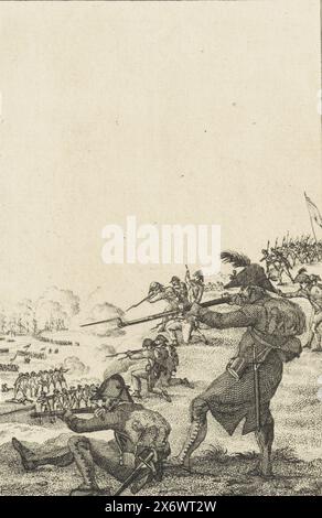 Landung der Briten bei Callantsoog, 1799, Landung der britischen Invasionstruppe an der Küste bei Callantsoog, 27. August 1799. Die Batawischen Soldaten feuern auf die Landungstruppen aus den Dünen., Druck, Druckerei: Reinier Vinkeles (I), nach eigenem Entwurf von: Reinier Vinkeles (I), Niederlande, 1806 - 1808, Papier, Radierung, Höhe, 247 mm x Breite, 167 mm Stockfoto