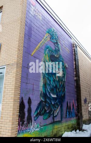 Wandbild eines blauen Vogels in Miramichi, New Brunswick, Kanada Stockfoto