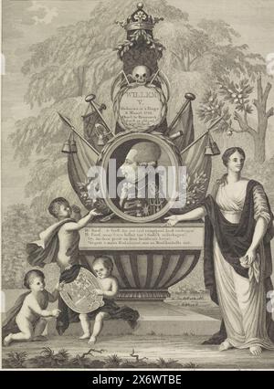 Allegorisches Grabdenkmal für Prinz Willem V., 1806, Grabdenkmal für Prinz Willem V., gestorben am 9. April 1806. Auf dem Grab ein ovales Porträt des Prinzen, umgeben von Bannern und orangen Zweigen. Unter dem Porträt ein Vers aus vier Zeilen. Die stehende Frau rechts ist Freundschaft, links drei Kinder mit dem Fürstenwappen., Druck, Druckerei: Cornelis Bogerts, (auf Objekt erwähnt), nach Zeichnung von: Christiaan van Waardt, (auf Objekt erwähnt), Verlag: Christiaan van Waardt, (auf Objekt erwähnt), Niederlande, 1806, Papier, Ätzen, Gravieren, Höhe, 404 mm Stockfoto