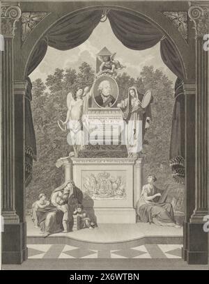 Allegorisches Grabdenkmal für Prinz Willem V., 1806, zum Gedenken an H.D.H. Willem de V. Prinz von Orange und Nassau (...) Freund der Religion und des Vaterlandes (Titel auf Objekt), Blick durch ein Tor mit Vorhängen auf das allegorische Grabdenkmal für Prinz Willem V., gestorben am 9. April 1806. Auf beiden Seiten des Grabes mit dem Porträt des Fürsten stehen die Figuren Wahrheit und Stärke (rechts) und Unsterblichkeit (links). Rechts am Fuß des Denkmals befindet sich die Schriftgeschichte, links eine Mutter mit drei Kindern., Druck, Druckerei: Christian Forssell, Niederlande, 1806 Stockfoto