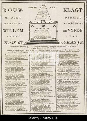 Trauer über den Tod Wilhelms V., 1806, Trauer oder Reflexion über Leben und Tod von Wilhelm dem Vyfth, Prinz von Nassau Orange (...) (Titel zum Gegenstand), Trauer über den Tod von Prinz Willem V. am 9. April 1806. Oben in der Mitte eine Gedenksäule mit Epitaph. Trauervers in 27 Strophen in drei Säulen. Innerhalb einer doppelten Trauergrenze., Druck, Drucker: Jacobus Wendel, (auf dem Objekt erwähnt), Amsterdam, 1806, Papier, Buchdruck, Höhe, 535 mm x Breite, 327 mm Stockfoto