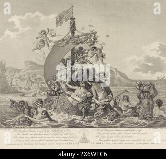 Allegory of Prosperity, 1806, allegorische Szene mit einem Boot, in dem eine Frau sitzt, umgeben von Naiaden und Engeln, die sie mit Blumen, Tritonen und anderen Meeresbewohnern im Wasser besprenkeln. Allegorie von Mensch und Gesellschaft, 1806. In der Bildunterschrift zwei vierzeilige Verse auf Niederländisch und Französisch, beiderseits der Vignette „Kunst zy ons Doel“. Siehe auch den Anhänger mit dem Problem., Druck, Druckerei: Jacob Ernst Marcus, (erwähnt auf Objekt), nach Zeichnung von: Willem Kok, (erwähnt auf Objekt), Verlag: J. van Ledden Hulsebosch, Niederlande, 1806, Papier, Ätzen, Gravur, Höhe, 340 mm x Breite Stockfoto