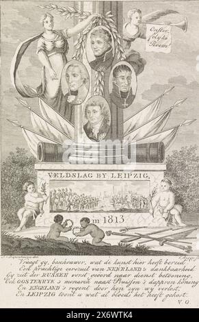 Allegorie der Schlacht bei Leipzig, 1813, Schlacht bei Leipzig, 1813 (Titel auf Objekt), Allegorie der Schlacht bei Leipzig oder Völkerschlacht, am 16./19. Oktober 1813, zwischen den Koalitionsarmeen Russlands, Preußens, Österreichs und Schwedens und der französischen Armee Napoleons. Monumentale Säule mit Wappentrophäe, Darstellung der Schlacht, Medaillons mit Porträts der erobernden Monarchen, Sieg und Ruhm. Mit sechszeiliger Strophe, Druck, Druckerei: Cornelis Bogerts, (auf Objekt erwähnt), nach Zeichnung von: Johannes van Diepenhuijsen, (auf Objekt erwähnt), Niederlande, 1818 - 1820, Papier, Ätzen Stockfoto