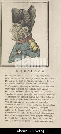 Cartoon über Napoleon, 1813, Napoleon (Titel über Objekt), Cartoon über Napoleon von 1813, wo sein Gesicht aus den Leichen seiner Opfer besteht, sein Hut ist der Preußische Adler, sein Schulterblatt ist eine Greifhand. Das Halsband ist ein Blutfluss, sein Mantel das Schlachtfeld Europas und das Abzeichen der Ehrenlegion auf seiner Brust ist ein Spinnennetz. Auf der Seite unter der Platte ein Vers von achtzehn Zeilen., Druck, Druckerei: Anonym, Niederlande, 1813, Papier, Ätzen, Buchdruck, Höhe, 266 mm x Breite, 183 mm Stockfoto