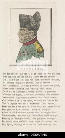 Cartoon über Napoleon, 1813, Napoleon (Titel über Objekt), Cartoon über Napoleon von 1813, wo sein Gesicht aus den Leichen seiner Opfer besteht, sein Hut ist der Preußische Adler, sein Schulterblatt ist eine Greifhand. Das Halsband ist ein Blutfluss, sein Mantel das Schlachtfeld Europas und das Abzeichen der Ehrenlegion auf seiner Brust ist ein Spinnennetz. Auf der Seite unter der Platte ein Vers von achtzehn Zeilen., Druck, Druckerei: Anonym, Niederlande, 1813, Papier, Ätzen, Buchdruck, Höhe, 270 mm x Breite, 212 mm Stockfoto