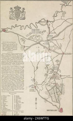 Plan der Schlachten bei Quatre-Bras und Waterloo, 15.-18. Juni 1815, Plan des Batailles Données le 15, 17, 17 und 18 Iuin 1815, aux environs de Bruxelles, par les Armées Alliées unter le Commandement en Chef du Duc de Wellington, Remportant la Victoire de la Belle-Alliance, sur les Armées Francaises, Commandées par Napoléon Buonaparte, Karte der Region zwischen Brüssel und Charleroi, wo zwischen dem 15-18. Juni 1815 bei Ligny, Wavre, Quatre-Bras und Waterloo Gefechte zwischen den Armeen der Alliierten und der französischen Armee unter Napoleon ausgetragen wurden. Die Kampfbefehle der Armeen sind Stockfoto