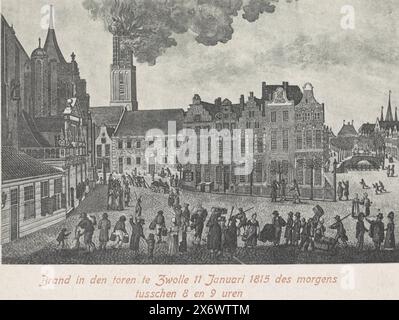 Feuer im Turm der Basilika unserer Lieben Frau von der Himmelfahrt in Zwolle, 1815, Feuer im Turm in Zwolle 11. Januar 1815 morgens zwischen 8 und 9 Uhr (Titel auf Objekt), Nachdruck des Druckes von 1815 mit dem Feuer im Peperbus, der Turm der Basilika unserer Lieben Frau von der Himmelfahrt, in Zwolle am 11. Januar 1815, Verlag: Alex Pijnaker, (auf dem Objekt erwähnt), nach Druck von: Dirk Sluyter, Verlag: den Haag, nach Druck von: Niederlande, 1900 - 1905, Papier, Höhe, 90 mm x Breite, 140 mm Stockfoto