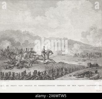 Prinz von Orange, der die niederländischen Truppen bei Quatre-Bras (1815) führt, Prinz von Orange, der die niederländischen Truppen gegen den Feind führt (Titel auf Objekt), Willem Frederik George, Prinz von Orange, der den Angriff der niederländischen Truppen auf die Franzosen in der Schlacht von Quatre-Bras (16. Juni 1815) anführt. Teil einer Gruppe von Illustrationen von Ereignissen um und während der Schlachten von Quatre-Bras und Waterloo, 16.-18. Juni 1815., Druck, Druckerei: Reinier Vinkeles (I), (auf Objekt erwähnt), nach Zeichnung von: Mattheus Ignatius van Bree, (auf Objekt erwähnt), Niederlande, 1815 - 1816, Papier, Ätzen Stockfoto