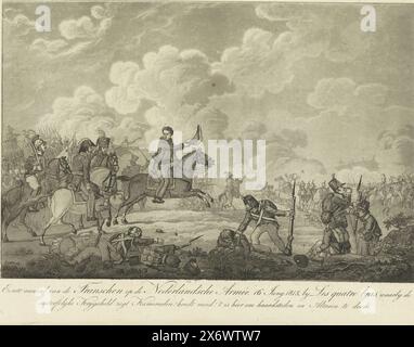 Prinz von Orange führt die niederländischen Truppen in Quatre-Bras, 1815, erster Angriff der Franzosen auf die niederländische Armée, 16. Juni 1815, von Les quatre Bras, wo der unsterbliche Kriegshelde sagt Genossen! Behalte Mut! Sie ist hier, um Herde und Altäre zu bauen. Willem Frederik George, Prinz von Orange, führt die niederländischen Truppen gegen einen französischen Angriff während der Schlacht von Quatre-Bras am 16. Juni 1815 an. Siehe auch den Anhänger., Print, Print Maker: Anonym, Niederlande, 1815, Papier, Ätzen, Höhe, 277 mm x Breite, 367 mm Stockfoto