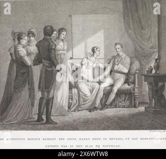 Besucht die Königin den verwundeten Prinzen in Brüssel, 1815 besucht die Königin den Prinzen, ihren Sohn, in Brüssel, nachdem dieser in der Schlacht von Waterloo verwundet wurde (Titel zum Gegenstand), die Königin Wilhelmina von Preußen besucht ihren Sohn in Brüssel Willem Frederik Georg, Prinz von Orange, er wurde während der Schlacht von Waterloo am 18. Juni 1815 verwundet. Teil einer Gruppe von Illustrationen von Ereignissen um und während der Schlachten von Quatre-Bras und Waterloo, 16.-18. Juni 1815., Druck, Druckerei: Abraham Vinkeles, (auf dem Objekt erwähnt), nach Zeichnung von: Mattheus Ignatius van Bree, (erwähnt auf dem Objekt) Stockfoto