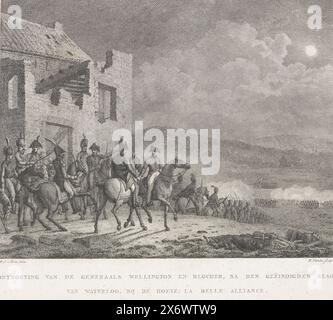 Begegnung zwischen Wellington und Blücher nach der Schlacht von Waterloo, 1815, Treffen der Generäle Wellington und Blucher, nach der Schlacht von Waterloo, auf der Farm: La Belle Alliance (Titel auf Objekt), nächtliches Treffen zwischen den Generälen Wellington und Blücher auf der Farm La Belle Alliance nach der gewonnenen Schlacht von Waterloo am 18. Juni 1815. Teil einer Gruppe von Illustrationen von Ereignissen um und während der Schlachten von Quatre-Bras und Waterloo, 16.-18. Juni 1815., Druck, Druckerei: Reinier Vinkeles (I), (auf Objekt erwähnt), nach Zeichnung von Mattheus Ignatius van Bree, (auf Objekt erwähnt Stockfoto
